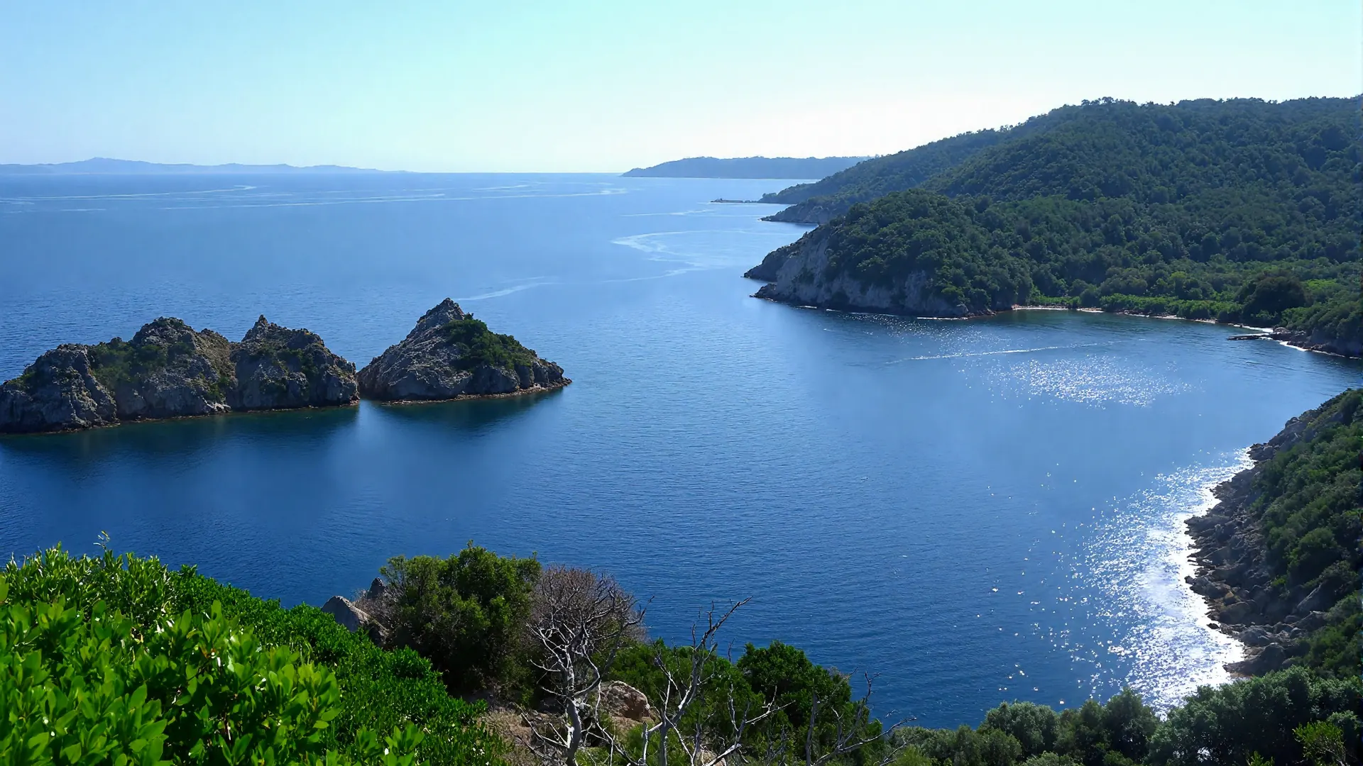 Vue plongeante sur une crique de Port-Cros, ses îlots rocheux et la mer bleue